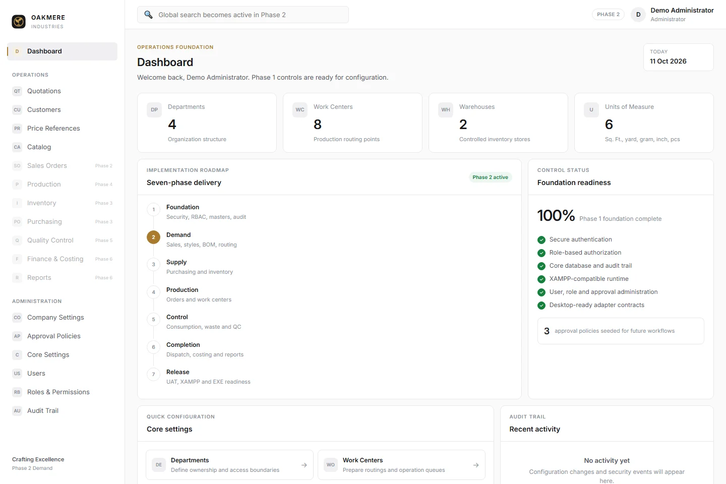 ERP dashboard with fictional Oakmere Industries branding, foundation metrics and the phased delivery roadmap