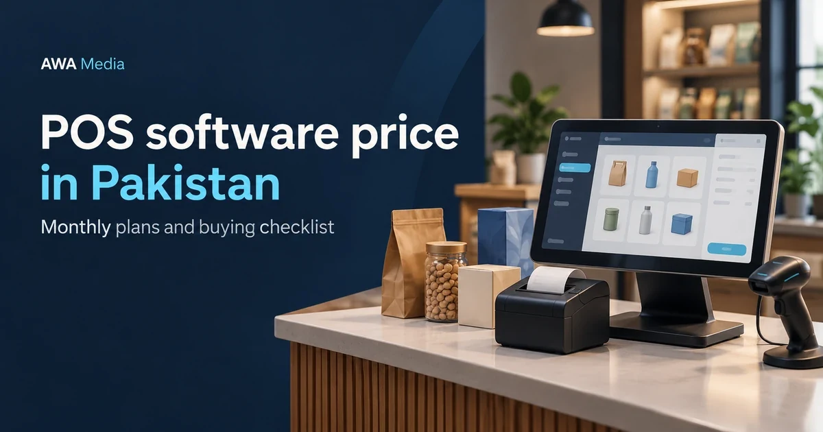 Illustrated shop checkout with a POS computer, receipt printer and barcode scanner
